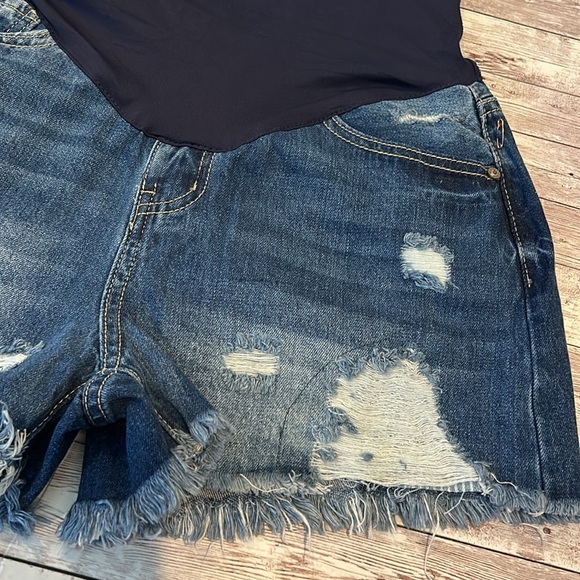 Pinkblush Dark Wash Distressed Fringe Hem Maternity Full Panel Jean Shorts - Picture 6 of 11
